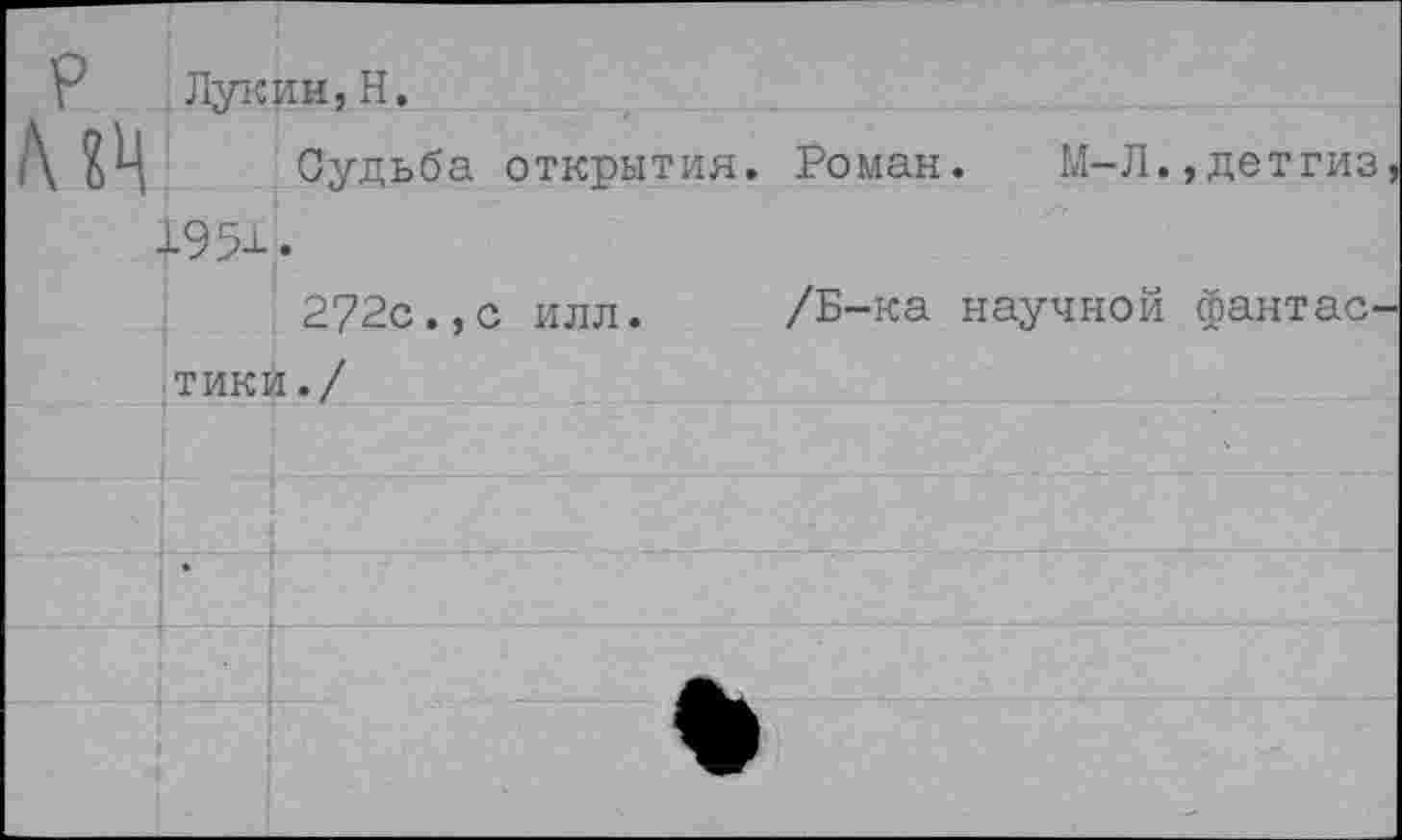 ﻿Р Лукин,Н.
Судьба открытия. Роман. М-Л.,детгиз 19%. 272с.,с илл.
тики./
/Б-ка научной фантас-